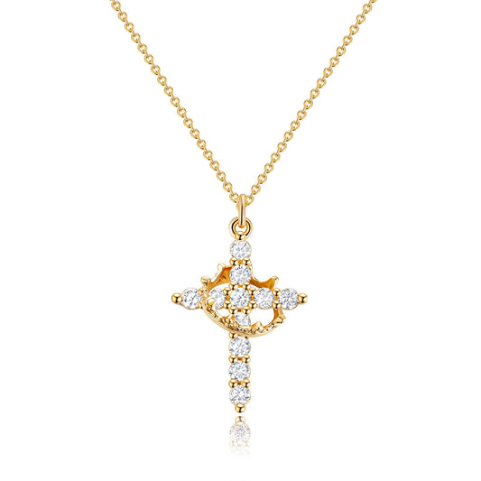 Colar com Pendente de Cruz Coroa em Ouro 14K